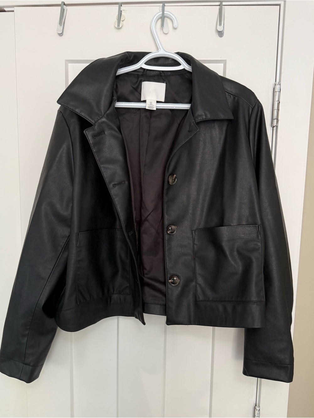 Black Vegan Leather Button-Front Jacket